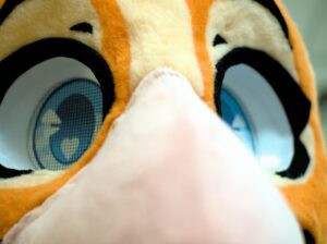 Close-up image of an orange bird fursuit head